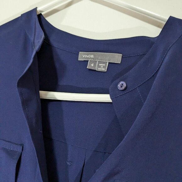 Vince 100% Silk Button Up Shirt with Front Pockets Navy Blue Size 4 - Picture 2 of 5